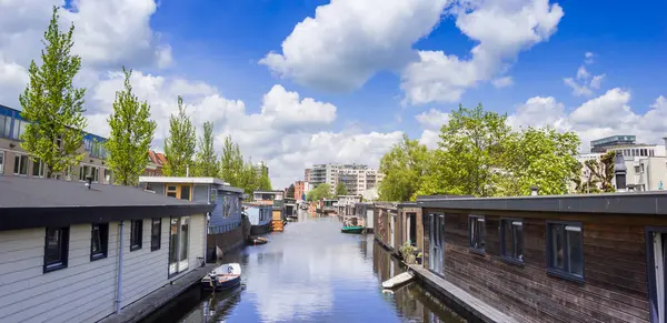 Panorama Von Hölzernen Hausbooten Kanal Groningen Niederlande — Stockfoto