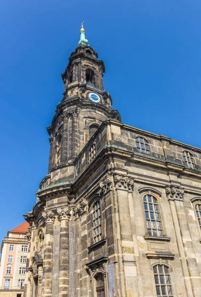 Tower Historic Kreuzkirche Church Dresden Németország — Stock Fotó