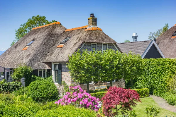 荷兰吉多恩市中心有茅草屋顶的历史性农舍 免版税图库图片