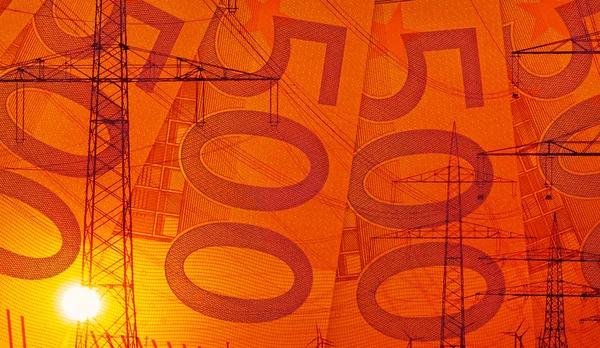 Composizione Banconote e infrastrutture in euro al tramonto — Foto Stock