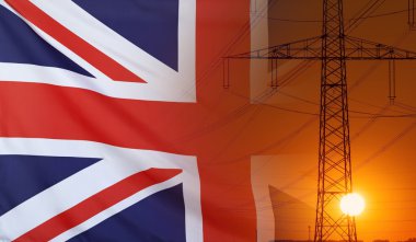 Günbatımı elektrik direğinden ile enerji kavram Büyük Britanya bayrağı