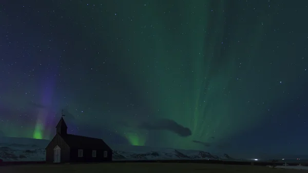 Northern Lights Black Church — Stock Photo, Image