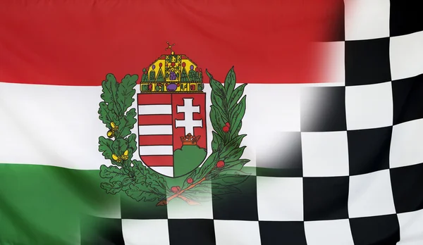 Winner Concept Hungary Coat of Arms and checkered goal flag — Stock Photo, Image