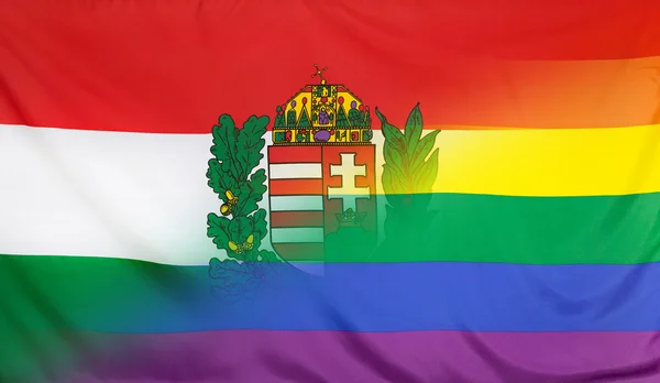 Rainbow Flag merged with Flag of Hungary Coat of Arms — Stock Photo, Image