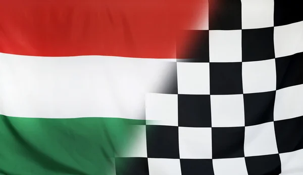 Winner Concept Hungary and checkered goal flag — Stockfoto