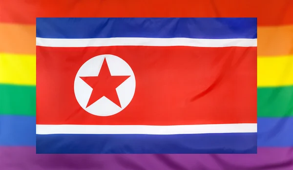 Bandeira da Coreia do Norte e bandeira do arco-íris — Fotografia de Stock
