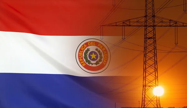 Energi koncept Paraguay flagga med sunset elstolpe — Stockfoto