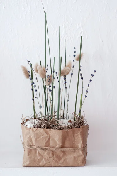 Composição da flor com algodão, lavanda e grama verde — Fotografia de Stock