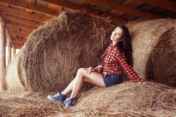 Attractive girl in hay — Stock Photo, Image