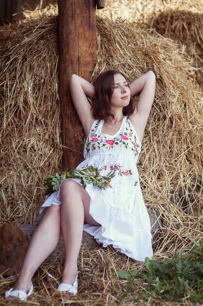 Attractive girl in hay — Stock Photo, Image