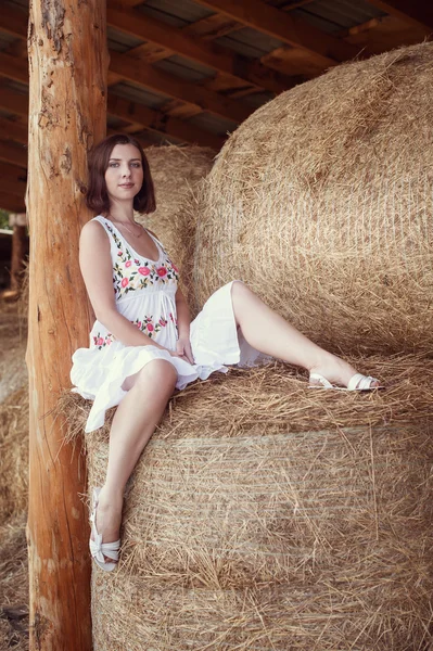 Attractive girl in hay — Stock Photo, Image