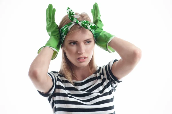 Housewife in gloves — Stock Photo, Image