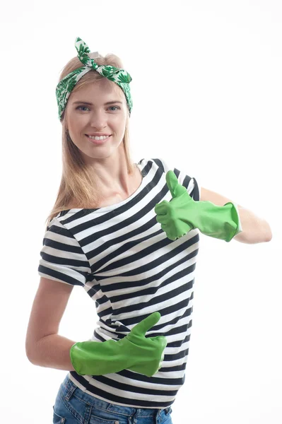 Hausfrau in Handschuhen — Stockfoto