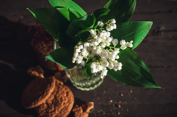 Oatmeal cookies and blooming flower — Stock Photo, Image