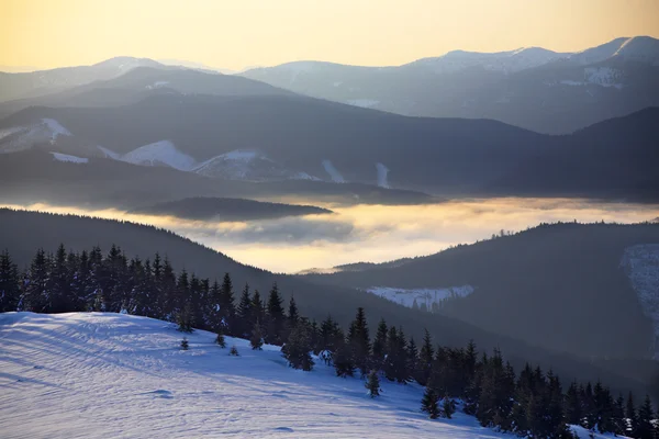 霧、明るい朝の太陽は山の谷から上昇します。 — ストック写真