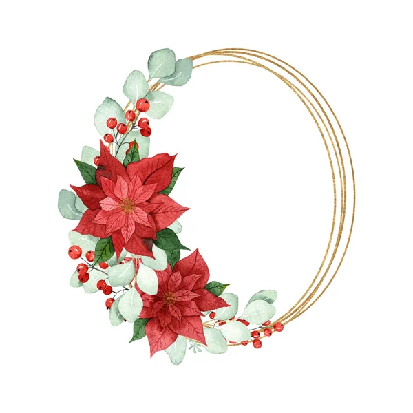 Puantiyeli ve okaliptüsten yapılmış suluboya Noel çerçevesi. Beyaz arka planda izole edilmiş altın geometrik bir element. Noel tasarımı, tebrik kartları, davetiyeler için. El çizimi.