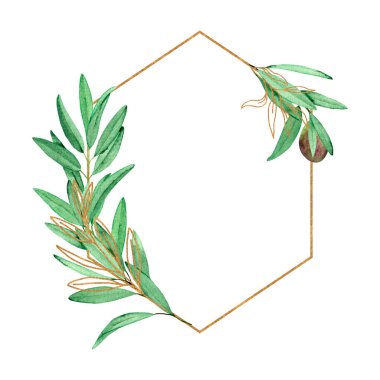 Watercolor frame with olive branches and gold geometric elements, isolated on a white background. For wedding design, invitations, greetings, web design, greeting cards, textiles. Hand drawing. clipart