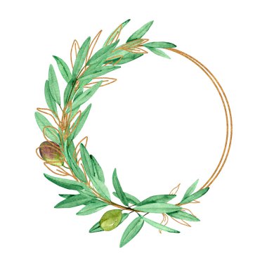 Zeytin dalları ve altın geometrik elementlerle suluboya çerçeve, beyaz arka planda izole edilmiş. Düğün tasarımı, davetiyeler, selamlar, web tasarımı, tebrik kartları, tekstil için. El çizimi.
