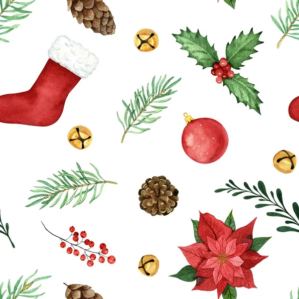 Oyuncak, zencefilli kurabiye ve beyaz arka planda ziller olan suluboya Noel desenleri. Paketler, davetiyeler, tebrik kartları, tekstil için.