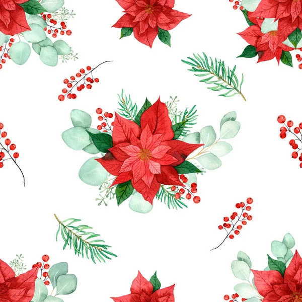 Puantiyeli suluboya Noel deseni, okaliptüs dalları, beyaz arka planda böğürtlen. Davetiyeler, selamlar, tekstil, kartpostallar, web tasarımı.