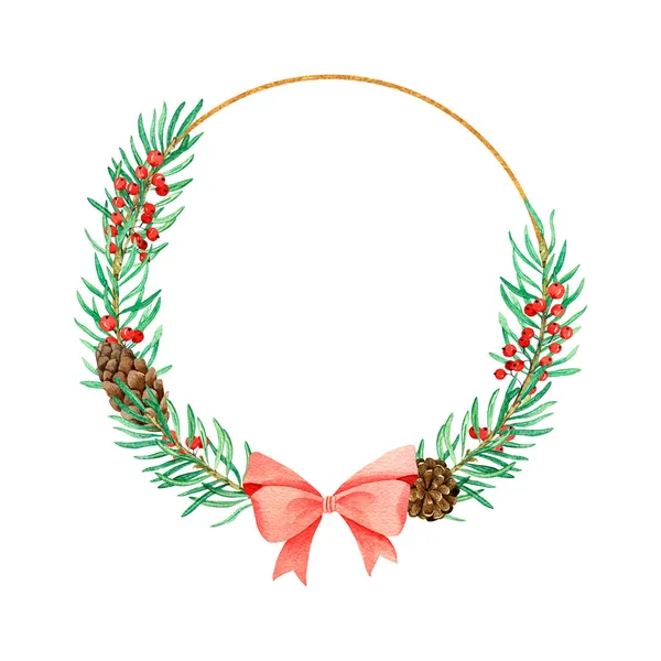 Köknar, koni, altın geometrik elementli böğürtlenlerden yapılmış suluboya Noel çerçevesi beyaz arka planda izole edilmiş. Noel tasarımı, tebrik kartları, davetiyeler için. El çizimi.