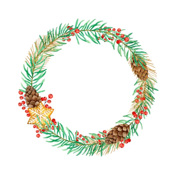 Çam ağacından yapılmış suluboya Noel çerçevesi, kozalaklar, beyaz arka planda izole edilmiş altın elementli böğürtlenler. Noel tasarımı, tebrik kartları, davetiyeler için. El çizimi.