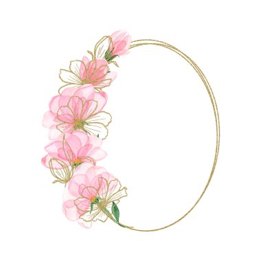 Yumuşak pembe çiçekli suluboya çerçeve ve altın hatlı çiçekler ve geometrik bir element, el çizimi. Düğün tasarımı, tekstil, seramik, davetiye, selamlama, paketleme, kupür defteri.
