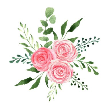 Pembe güllerle suluboya buketi ve yeşillik dalları, düğün yaprakları, beyaz arka planda izole edilmiş, elle çizilmiş. Tekstil, davetiyeler, düğün kağıtları, süblimleşme tasarımı için..