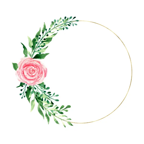Moldura Ouro Aquarela Com Rosas Rosa Ramos Vegetação Folhagem Casamento — Fotografia de Stock