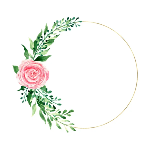 Pembe güllerle suluboya altın çerçeve ve yeşillik dalları, düğün yaprakları, elle çizilmiş. Tekstil, davetiyeler, düğün kağıtları, süblimleşme tasarımı için..