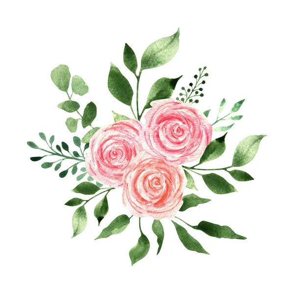 Watercolor bouquet with pink roses and branches of greenery, wedding foliage, isolated on a white background, hand-drawn. For textiles, invitations, wedding stationery, sublimation design.
