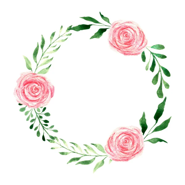 Watercolor wreath with pink roses and branches of greenery, wedding foliage, hand-drawn. For textiles, invitations, wedding stationery, sublimation design.