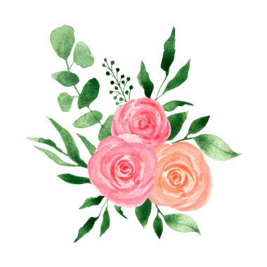 Pembe güllerle suluboya buket ve yeşillik dalları, düğün yaprakları, elle çizilmiş. Tekstil, davetiyeler, düğün kağıtları, süblimleşme tasarımı için..