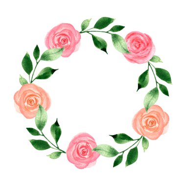 Pembe güllü suluboya çelenk ve yeşillik dalları, düğün yaprakları, el yapımı. Tekstil, davetiyeler, düğün kağıtları, süblimleşme tasarımı için..