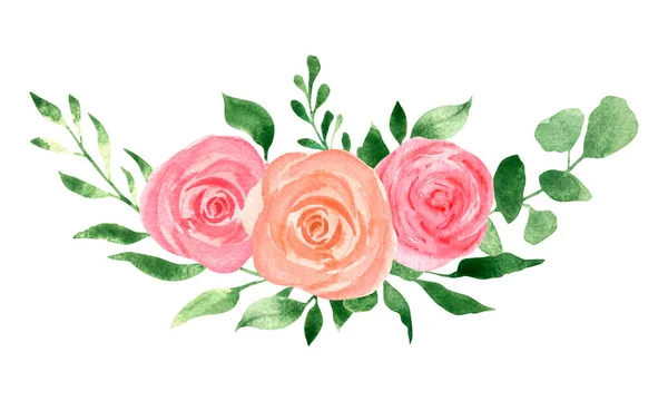 Pembe güllerle suluboya buket ve yeşillik dalları, düğün yaprakları, elle çizilmiş. Tekstil, davetiyeler, düğün kağıtları, süblimleşme tasarımı için..