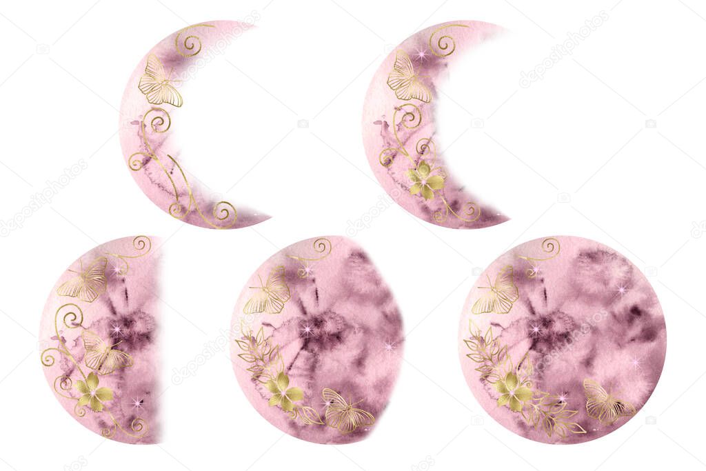 Watercolor clipart moon phases in light purple color isolated on white background. Golden decor - branches, flowers, butterfly. Hand painting for print, invitation, greeting card, sublimation design.