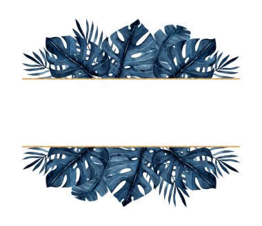 Tropikal mavi yapraklı suluboya çerçeve ve beyaz arka planda izole edilmiş altın geometrik element. Canavar, muz yaprağı, palmiye yaprakları. Düğün tasarımı, tebrik kartları, davetiyeler. El çizimi..