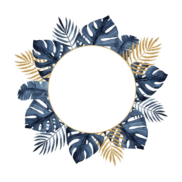 Rama Akwarelowa Tropikalnymi Niebieskimi Liśćmi Złotym Elementem Geometrycznym Izolowanym Białym — Zdjęcie stockowe