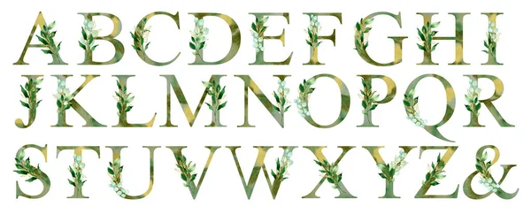 Watercolor Alphabet Made Real Watercolor Texture Gold Shades Moss Green — Stock Photo, Image