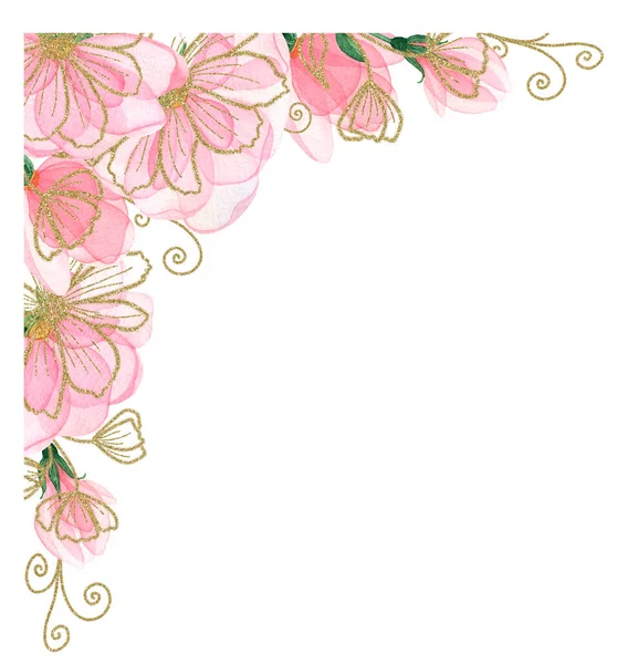 Floral border-corner of soft pink watercolor and golden outline flowers. Hand-drawn. For invitations, greetings, wedding design, sublimation, textiles, stickers.