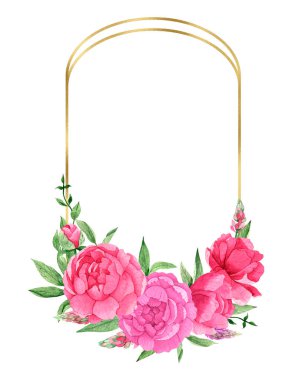 Beyaz arka planda pembe şakayıklı ve altın geometrik elementli suluboya çerçeve, elle çizilmiş. Tekstil, tebrik kartı, ambalaj kağıdı, düğün davetiyeleri..