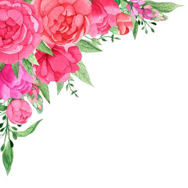 Açık pembe suluboya şakayıklar ve yeşil yapraklardan oluşan bir çiçek köşesi. Elle çizilmiş. Davetiyeler, selamlar, düğün tasarımı, yüceltme, tekstil, çıkartmalar.