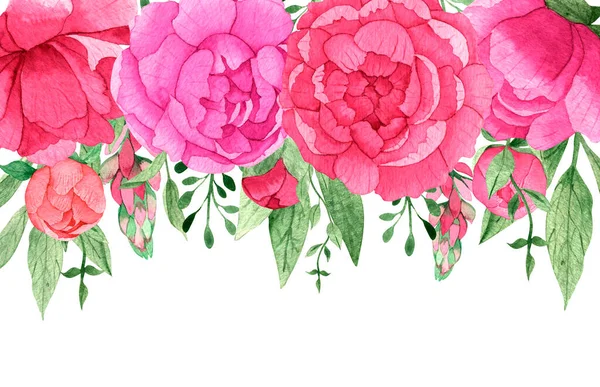 Bordure Florale Pivoines Aquarelles Rose Vif Feuillage Vert Une Goutte — Photo