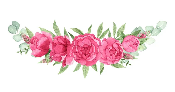 분홍빛 유칼립투스 그리고 손으로 부케가 배경에 고립되어 포장지 초대장 — 스톡 사진