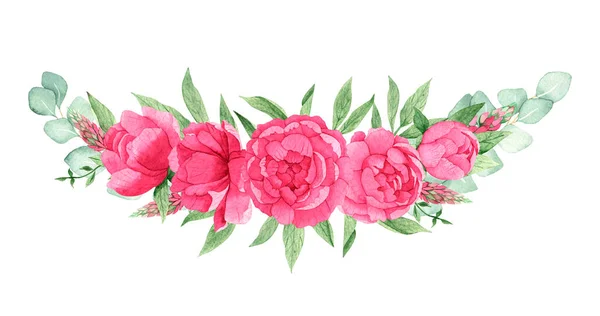 Parlak pembe şakayıklı suluboya buketi, okaliptüs dalları ve beyaz arka planda izole edilmiş yeşil yapraklar, el yapımı. Tekstil, tebrik kartı, ambalaj kağıdı, düğün davetiyeleri.. 