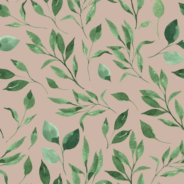 Watercolor Seamless Pattern Greenery Green Leaves Branches Beige Background Textile — Stock Photo, Image