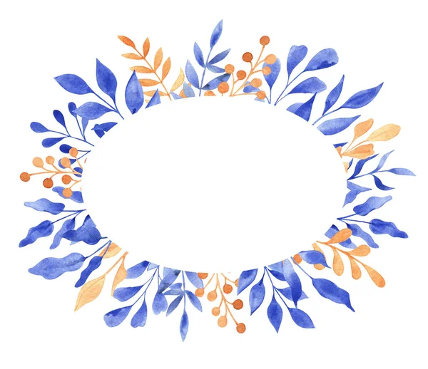 Watercolor oval frame with blue and orange foliage, leaves, berries, branches, isolated on white background.