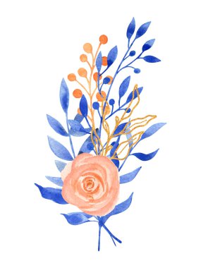 Mavi ve turuncu yapraklı suluboya buketi, soluk gül, yapraklar, dallar, beyaz arkaplanda izole edilmiş altın yapraklar..
