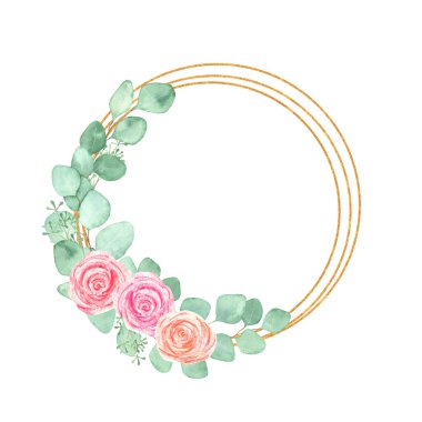 Pembe güllerle suluboya çerçeve, okaliptüs dalları ve beyaz arka planda izole edilmiş altın geometrik elementler. Davetiyeler, düğün tasarımı, süblimleşme baskısı, ambalaj.