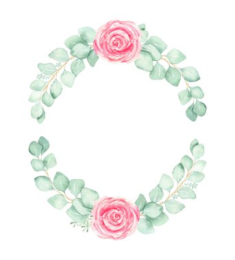 Pembe güllü suluboya çelenk ve beyaz arka planda izole edilmiş okaliptüs dalları. Davetiyeler, düğün tasarımı, süblimleşme baskısı, ambalaj.